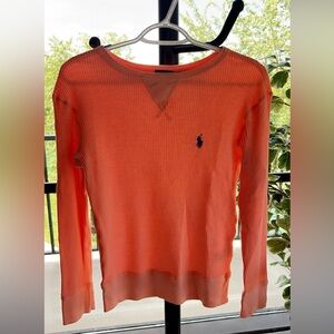 Polo, bright orange, long sleeve, waffle shirt.